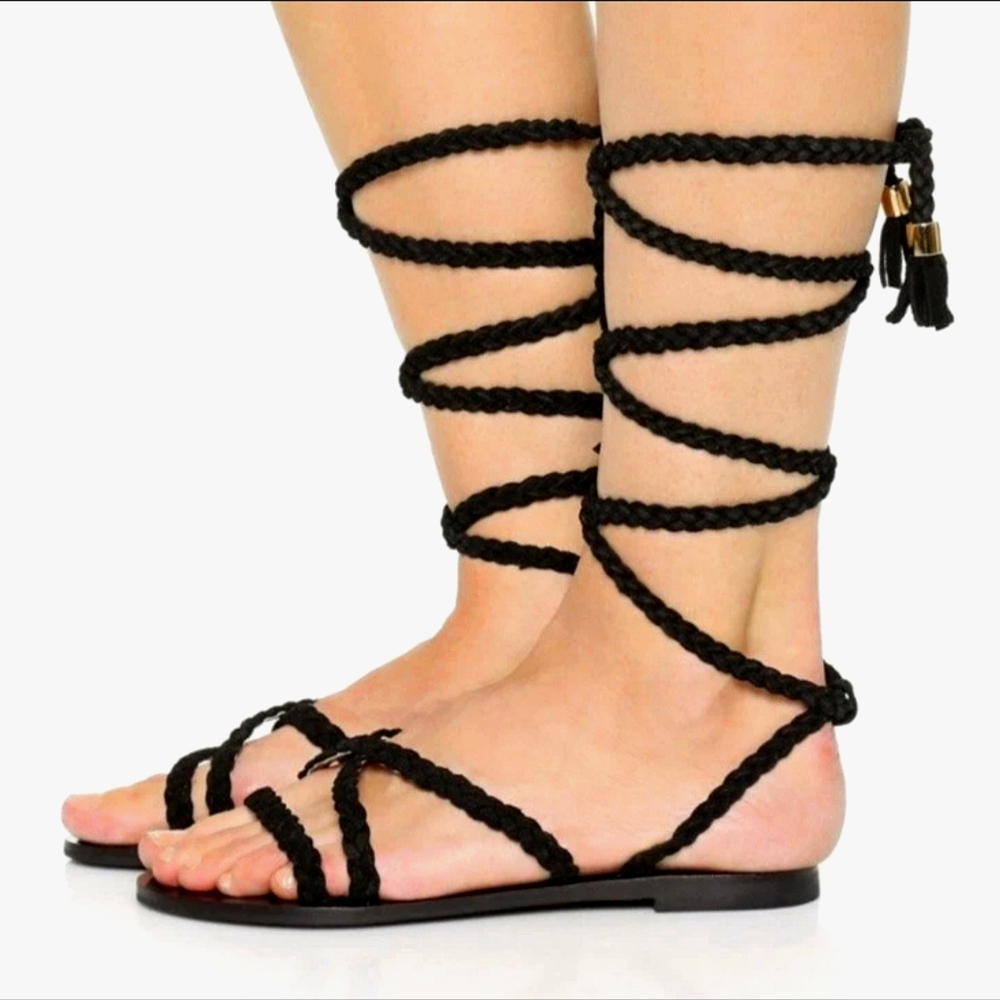 Sadie RAYE Black leather strappy flat sandals gladiator style women's size 9